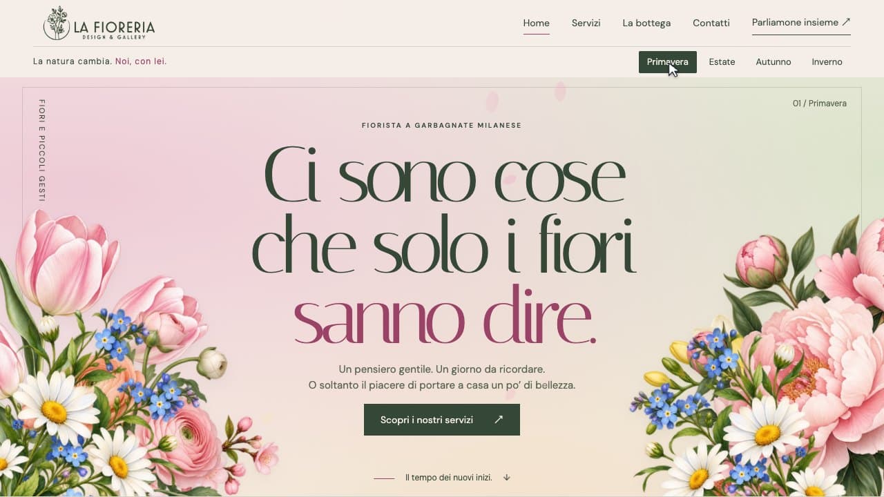 La hero della Fioreria con illustrazioni botaniche nella stagione primavera