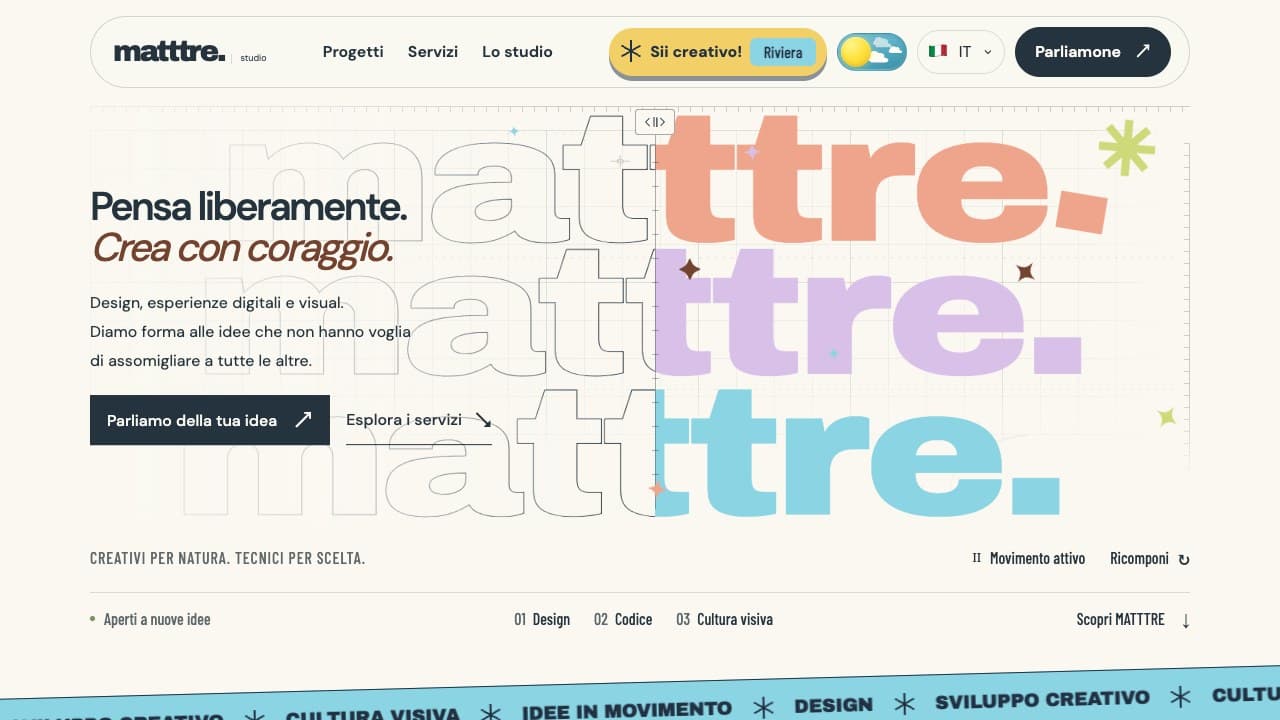 La home di MATTTRE Studio con tipografia blueprint e palette pastello
