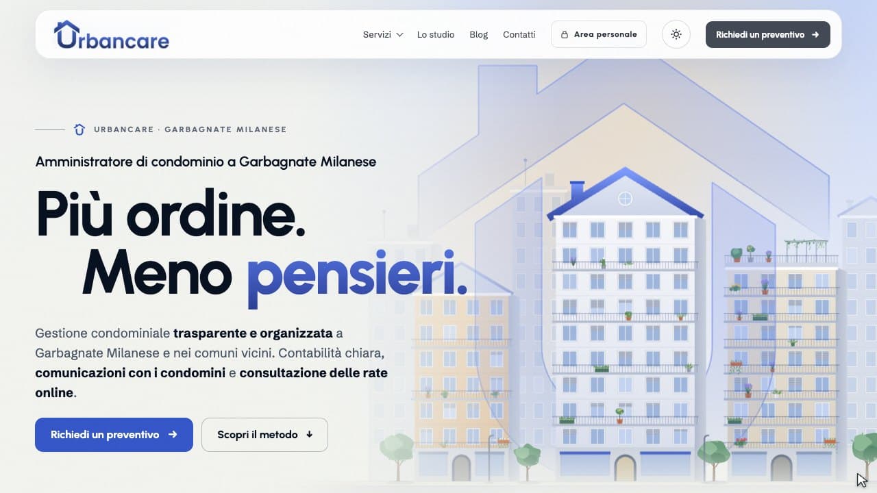La hero del sito Urbancare con tipografia blu e illustrazioni animate