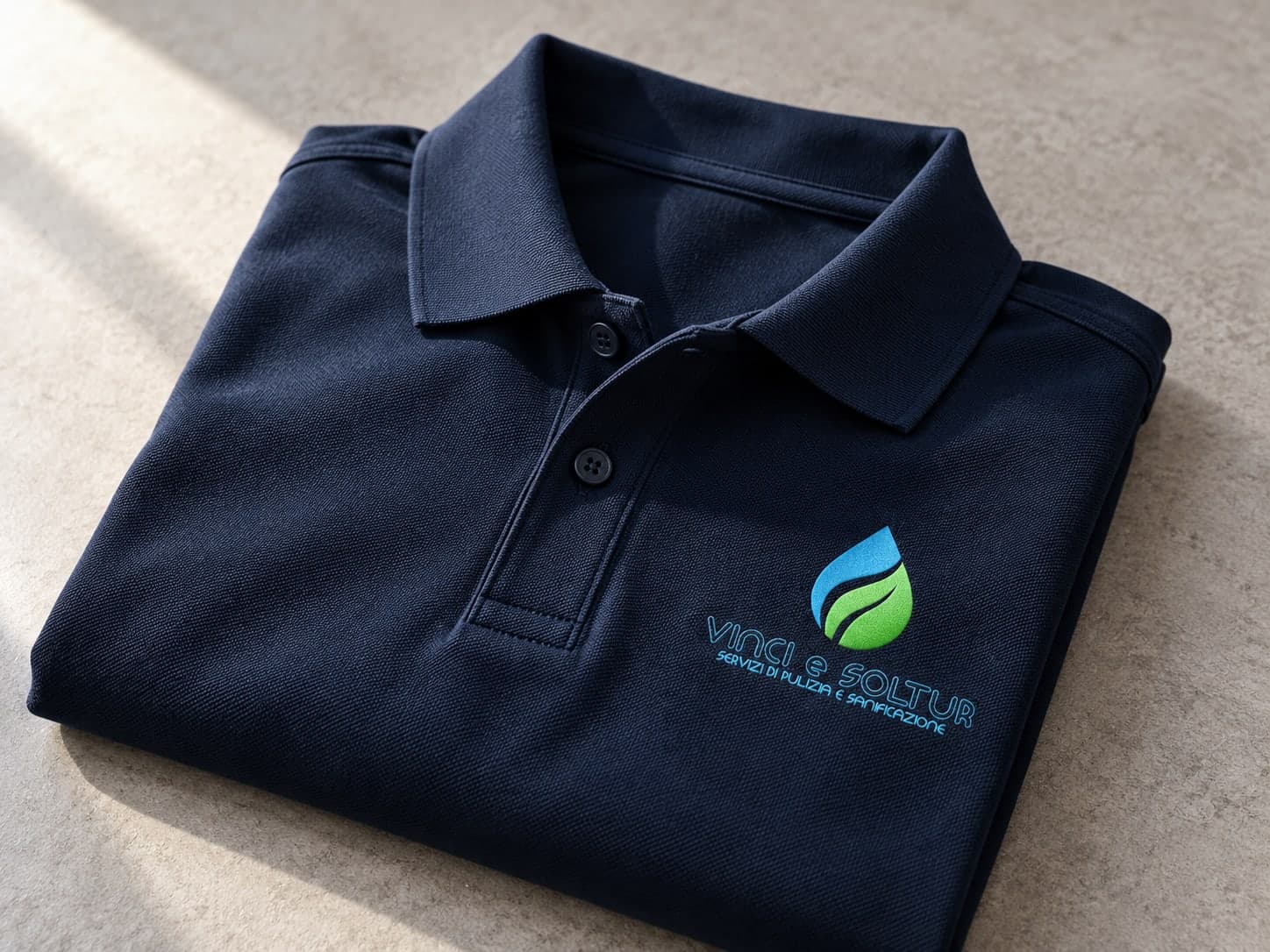 Polo blu con logo Vinci e Soltur sul petto
