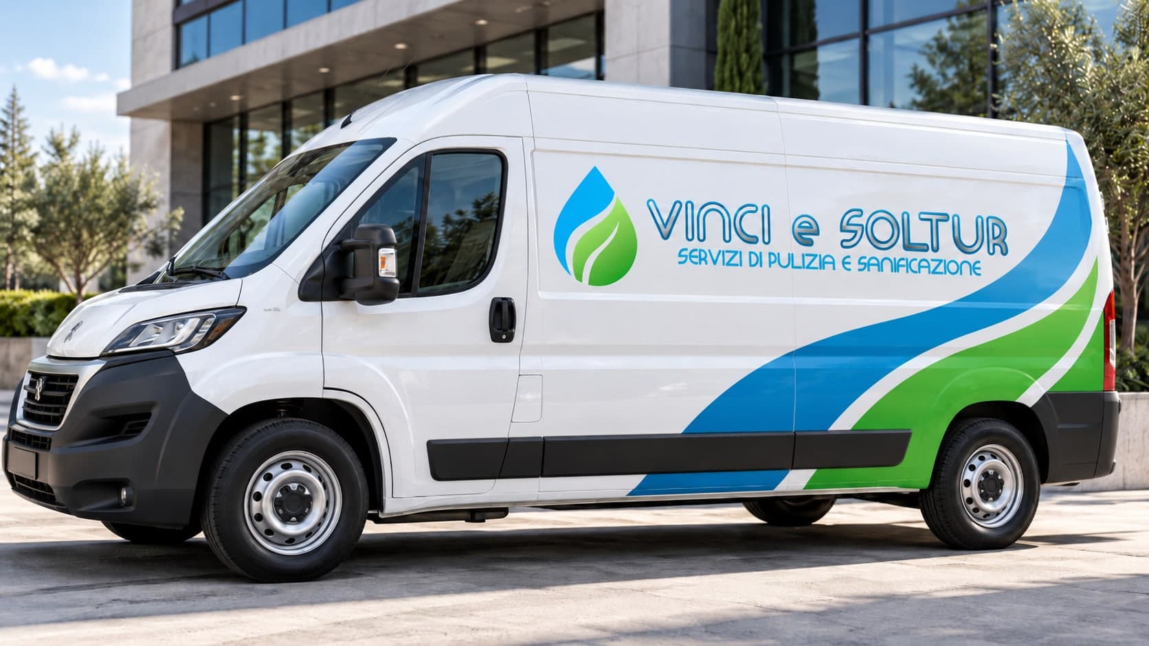 Veicolo Vinci e Soltur con logo e curve blu e verdi sulle fiancate