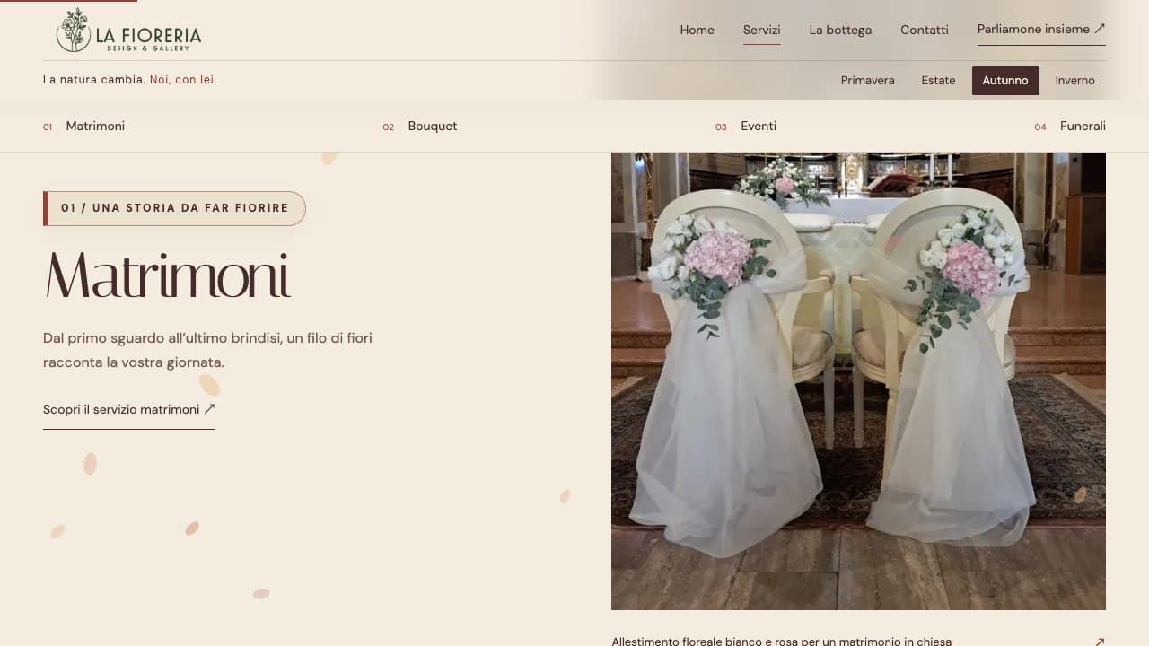 Le pagine dei servizi della Fioreria con fotografie e galleria delle composizioni