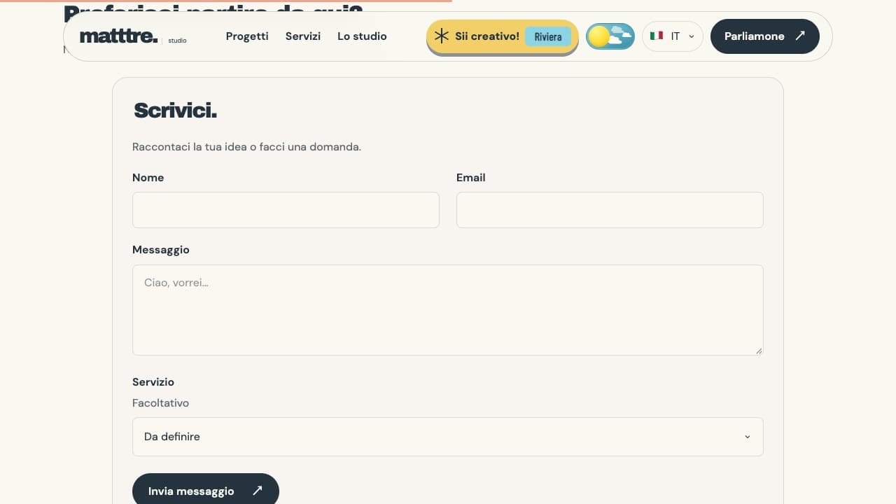 Il form di contatto di MATTTRE Studio con nome, email e messaggio