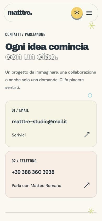 La pagina contatti di MATTTRE Studio su mobile
