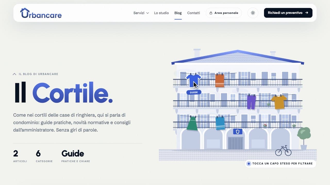 Il blog Il Cortile di Urbancare con casa di ringhiera illustrata e filtri per categoria
