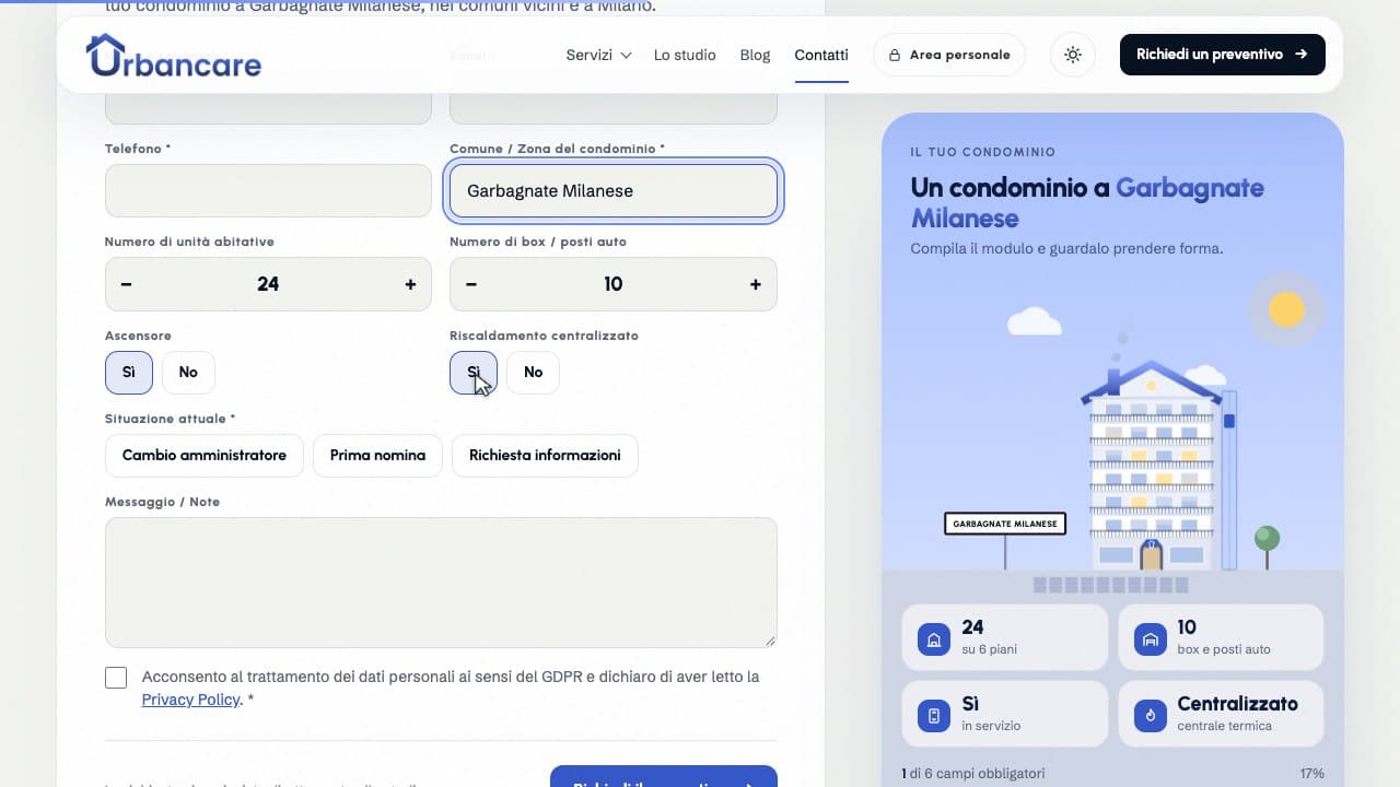 Il modulo preventivo Urbancare con anteprima illustrata del condominio